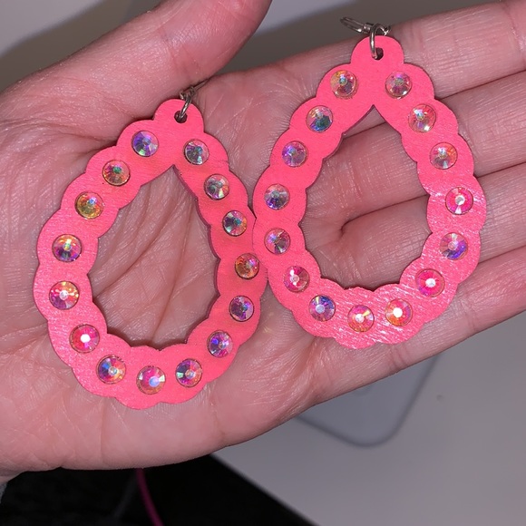 Hot Pink Wood Teardrop Earrings - Picture 7 of 7